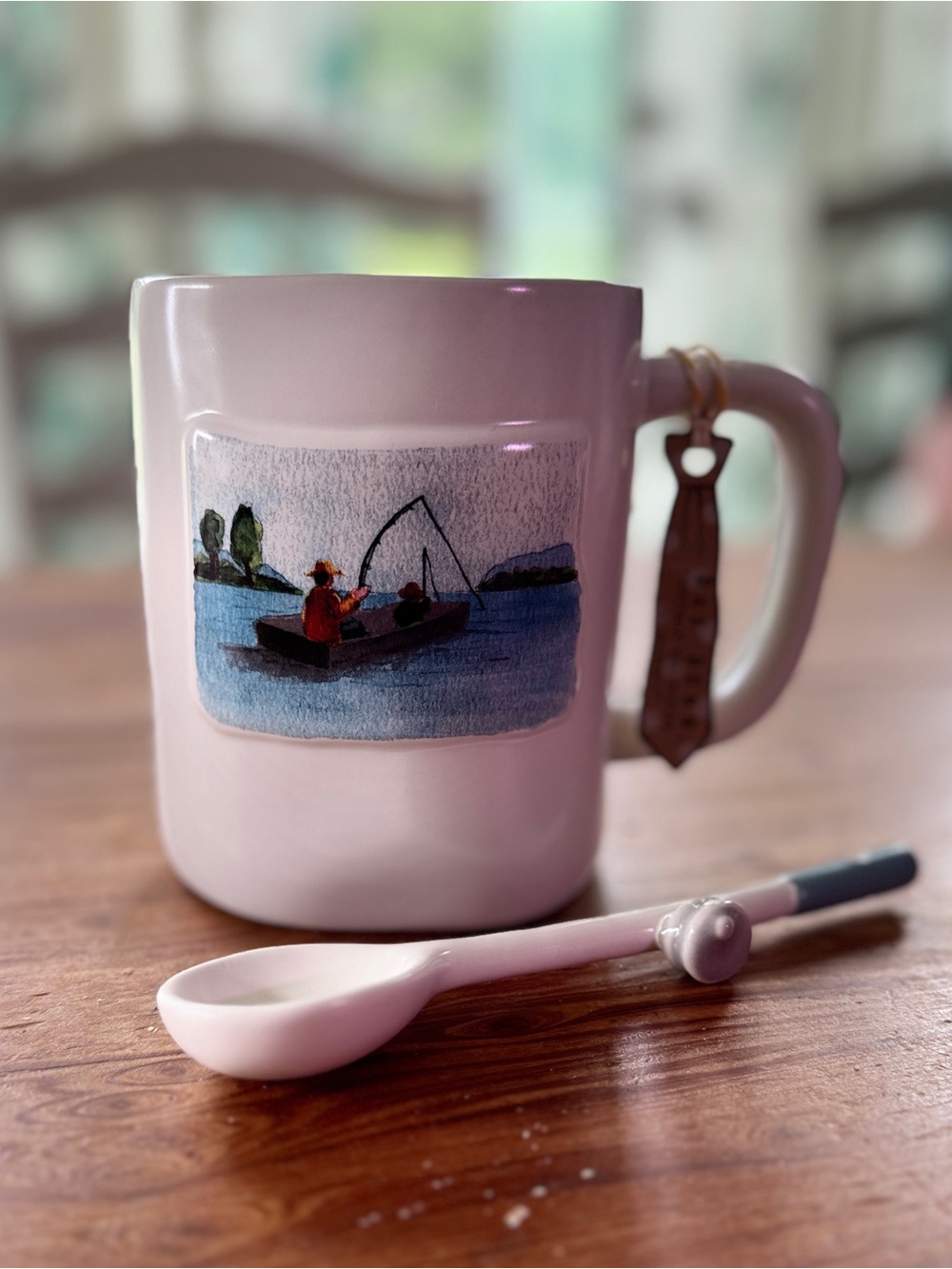 Rae Dun Ceramic Fishing Scene Coffee Mug with Fishing Rod Spoon
